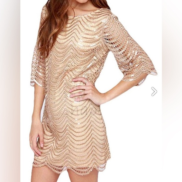 HAODUOYI Gold Sequin Beaded Open Back Short Sleeve Tunic Mini Dress - Picture 13 of 15